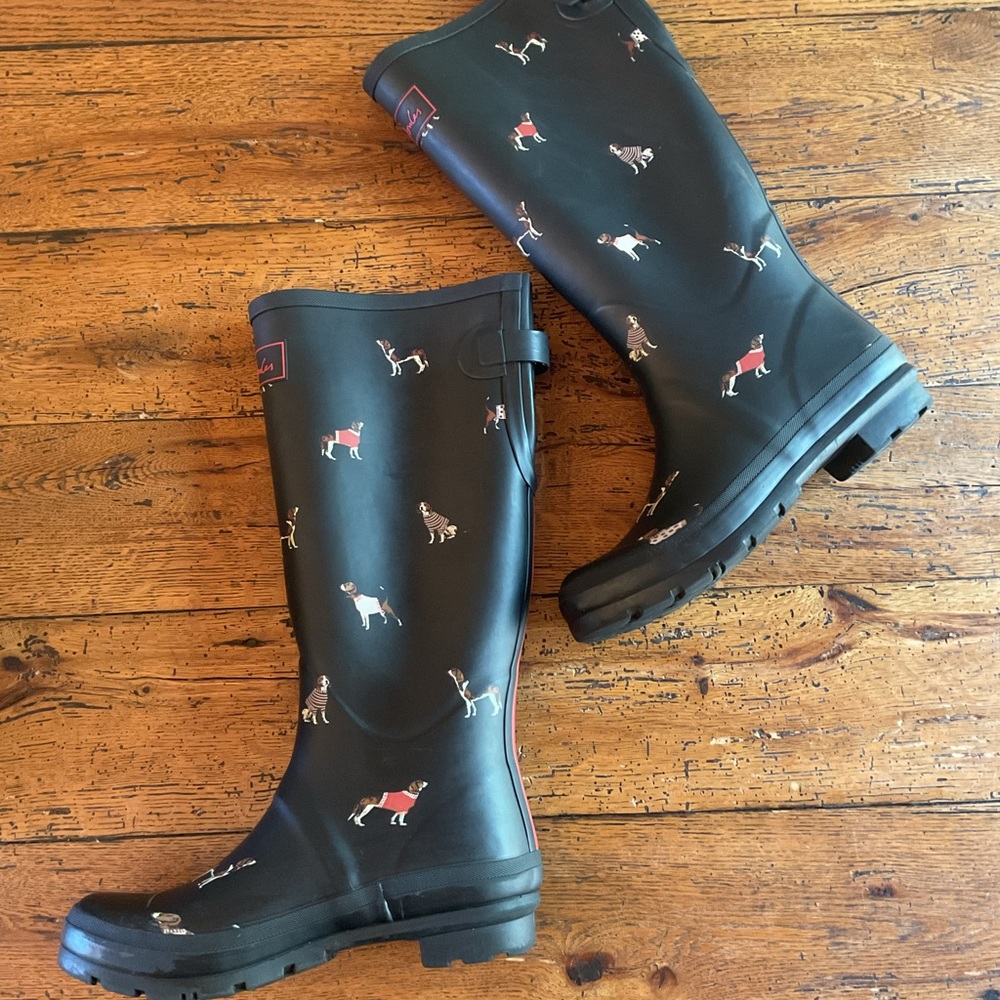 Joules Tall Printed Wellies Rubber Rain Boot in Navy /  Dog Pattern Sz 9